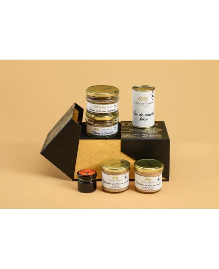 Coffret gourmand Le trésor – Foie gras, terrines artisanales, tartinables de canard et confiture de myrtille