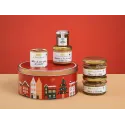 Coffret gourmand boîte ronde métal « Village en hiver » – Foie gras de canard, terrines festives et confit d’oignon