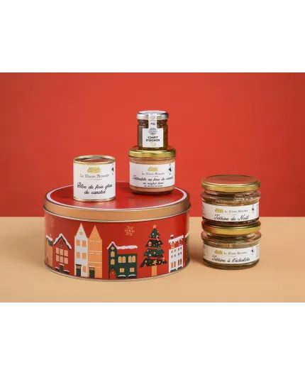 Coffret gourmand boîte ronde métal « Village en hiver » – Foie gras de canard, terrines festives et confit d’oignon